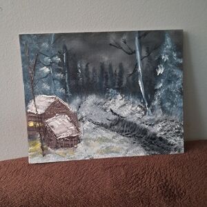 Bob Ross Inspired Oil Paint Hand Painted Canvas Cadin In The Woods Cold